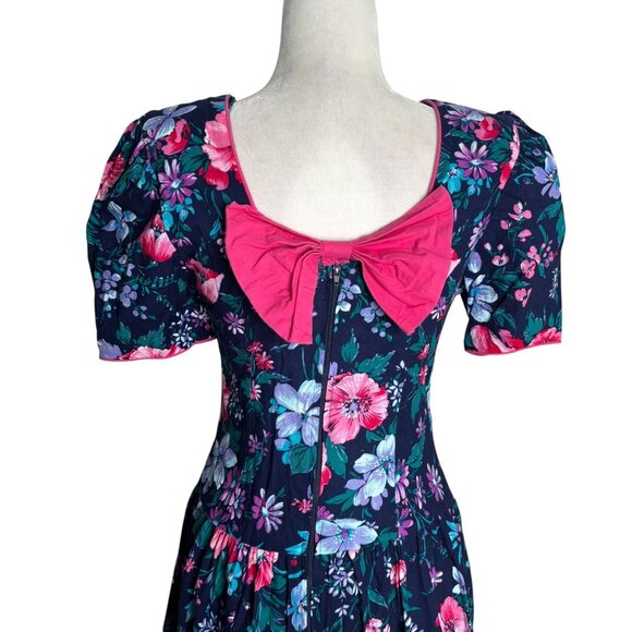 Vintage Jodi Michaels Floral Fit Flare Dress Small Navy Pockets Bow Zipper - Picture 4 of 8